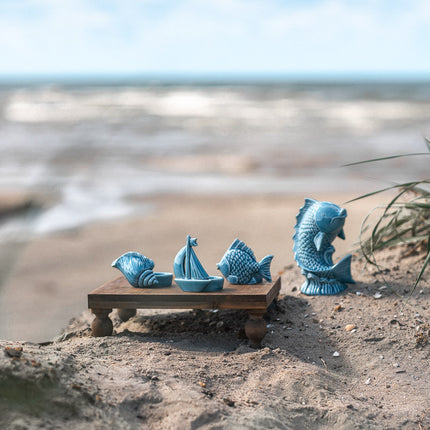 Lysholder for telys, blå seilbåt