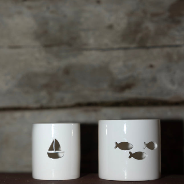 Lykt i porselen med fisk, 8 cm