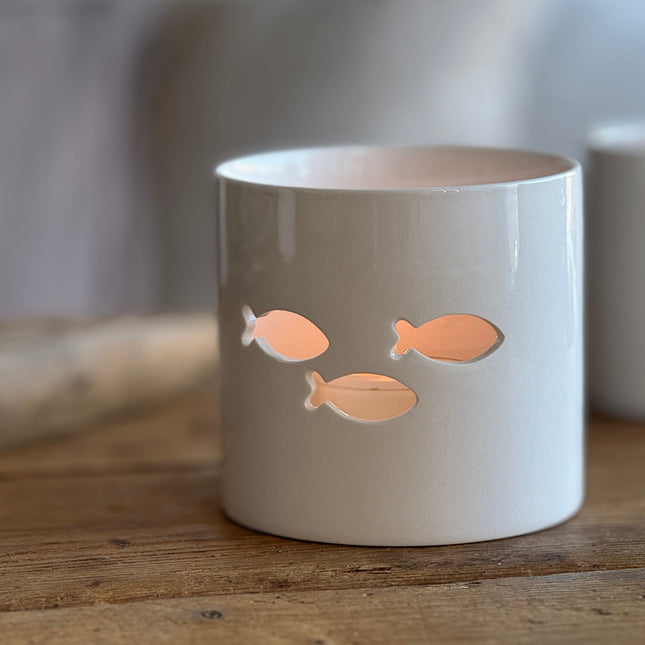 Lykt i porselen med fisk, 8 cm